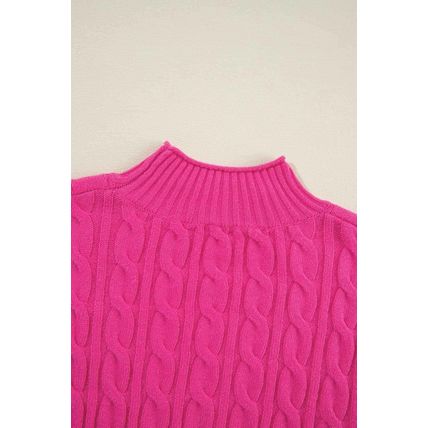 Rose Red Solid Cable Knit High Neck Drop Shoulder Sweater