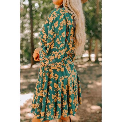 Green Floral Print Drawstring Tunic Flowy Short Dress
