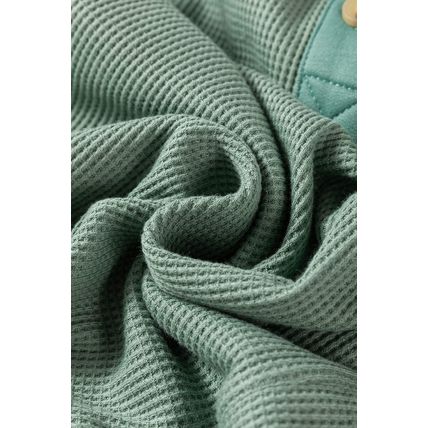 Smoke Green Waffle Long Sleeve Collar Half Button Loose Top