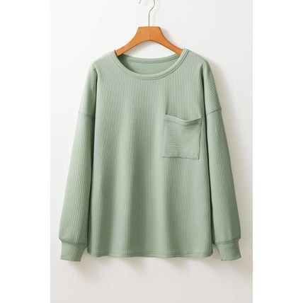 Clearly Aqua Solid Color Corded Drop Shoulder Long Sleeve Top