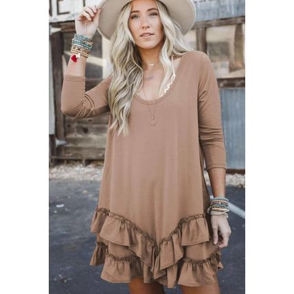 Goat Scoop Neck Tiered Ruffled Hem Long Sleeve Mini Dress