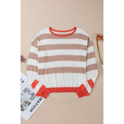 Apricot Colorblock Striped Round Neck Drop Shoulder Sweater