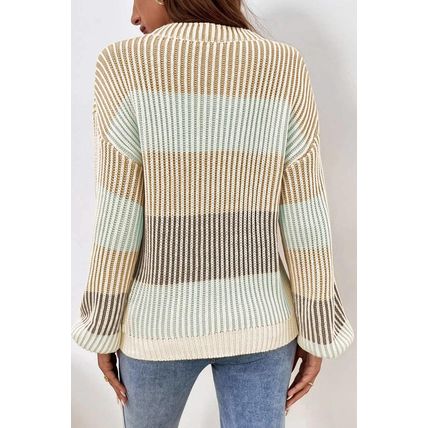 Brown Colorblock Textured Knit Bubble Sleeve Sweater