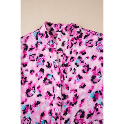 Rose Leopard Print Buttoned Front 3/4 Sleeve Tiered Ruffled Hem Dress