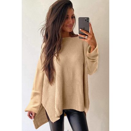 Apricot Cable Knit Drop Shoulder Side Slits Loose Sweater