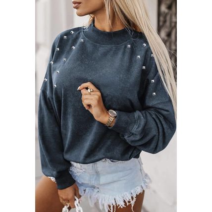 Sky Blue Beads Stud Drop Shoulder Loose Sweatshirt