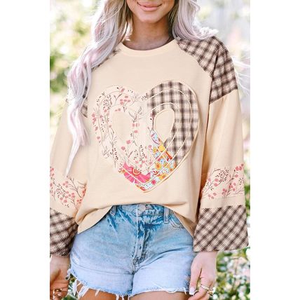 Beige Plaid Floral Peace Heart Graphic Wide Long Sleeve Top