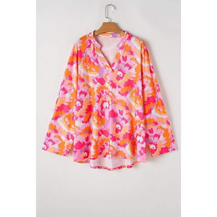 Pink Plus Size Abstract Floral Print V Neck Blouse