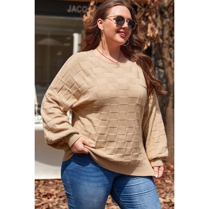 Light French Beige Solid Checkered Textured Knit Plus Size Sweater