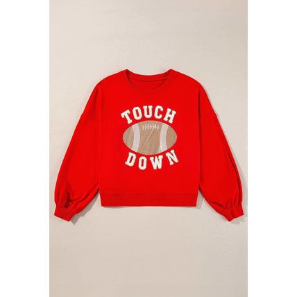 Fiery Red TOUCH DOWN Football Graphic Pullover Sweatshirt