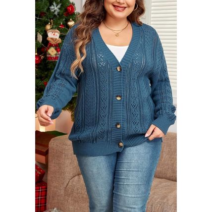 Real Teal Open Knit V Neck Button Front Drop Shoulder Plus Size Cardigan