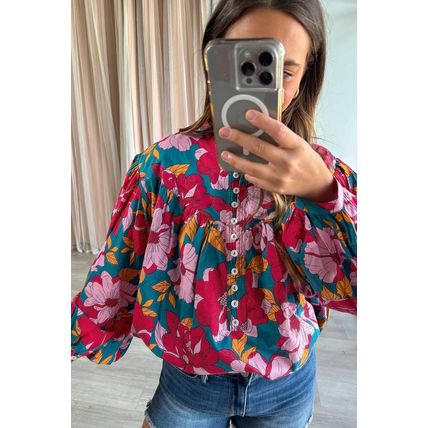 Red Floral Printed Balloon Sleeve Half Buttons Blouse
