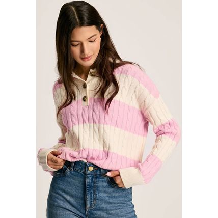 Pink Stripe Cable Knit Collared Henley Sweater