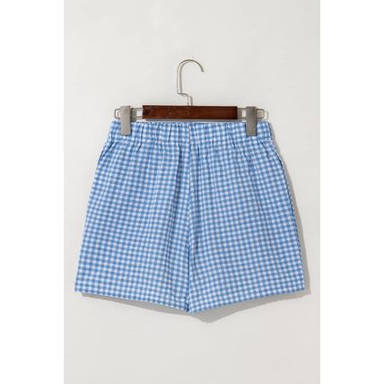 blue Red Plaid Gingham Printed High Waist Shorts