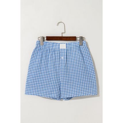 blue Red Plaid Gingham Printed High Waist Shorts