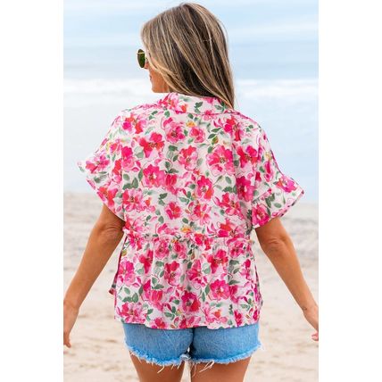 Pink Floral Boxy Fit Ruffled Short Sleeve V Neck Blouse