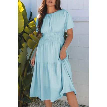 Light Blue Puff Sleeve Pleated High Waist Flowy Midi Dress