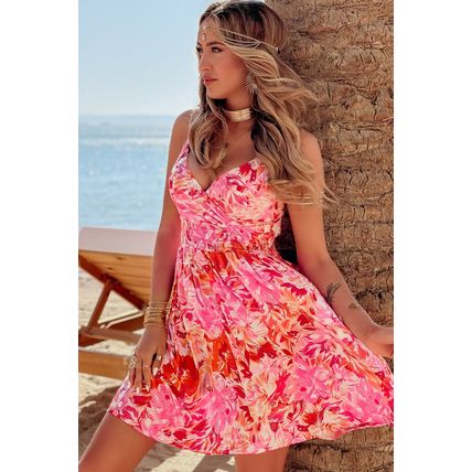 Red Floral Spaghetti Strap Surplice Neck Shirred Waist Mini Dress