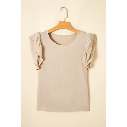 Beige Solid Color Ruffled Short Sleeve Casual Blouse