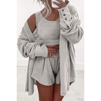 Gray 3 Pcs Crop Tank Top Shorts with Cardigan Lounge Set