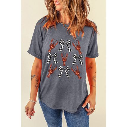 Gray Checkered Bow Crawfish Printed Summer Tee