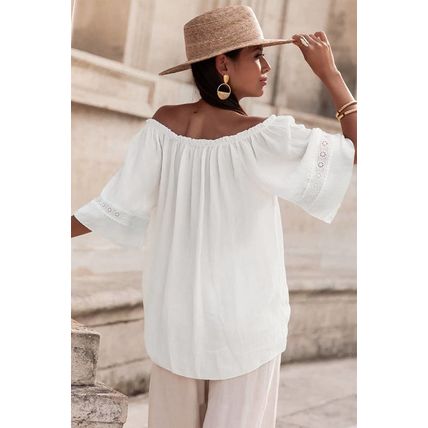 White Frilly Off Shoulder Lace Insert Sleeve Textured Blouse