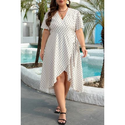 Khaki Polka Dot Surplice V Neck Tied Waist Flutter Sleeve Flowy Plus Size Midi D