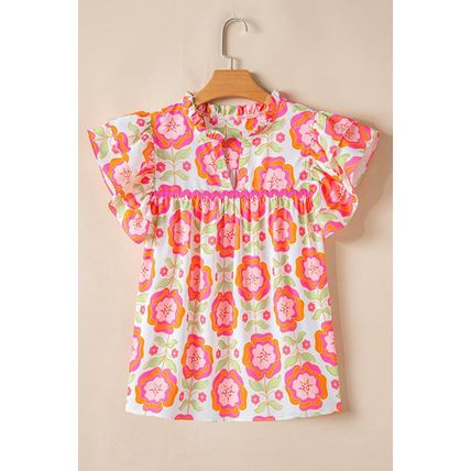Rose Floral Ruffled Sleeve Ric-rac Trim Split Neck Loose Blouse