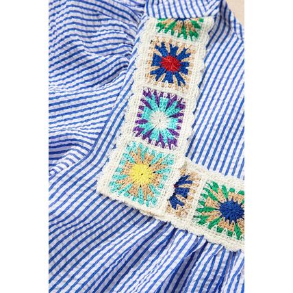 Sky Blue Stripe Textured Ruffle Short Sleeve Boho Detail Square Neck Blouse