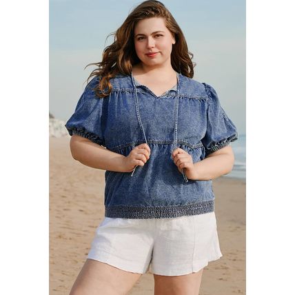 Sail Blue Plus Drawstring V Neck Puff Sleeve Denim Blouse