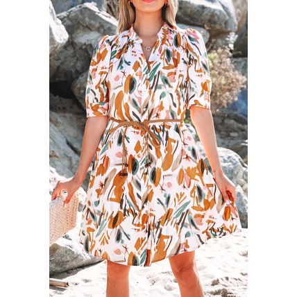 Brown Abstract Printed Puff Sleeve Button Up Braided Belt Mini Dress