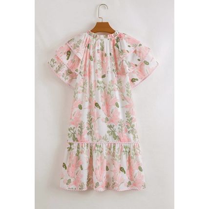 Pink Floral Contrast Edge Layered Short Sleeve Mini Dress