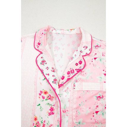 Pink Mixed Floral Print Contrast Piping Trim Satin Tie 2pcs Pajama Set