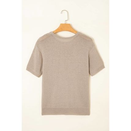 Beige Shiny Knitted Short Sleeve Drop Shoulder Sweater