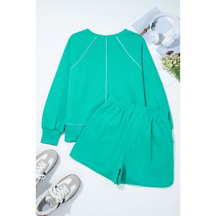 Dark Green Colorblock Trim V Neck Pullover Top and Shorts Set