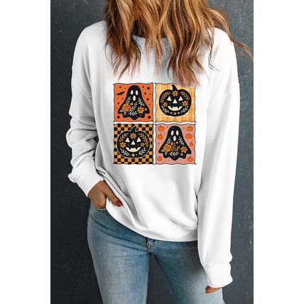 White Halloween Ghost Pumpkin Face Floral Checkered Graphic Sweatshirt