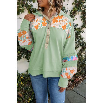 Clearly Aqua Lace Floral Patchwork Half Button Hooded Pullover