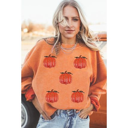 Orange Sequin Pumpkin Patched Twisted Rib Baggy Sweatshirt