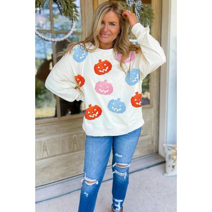 White Halloween Pumpkin Patched Loose Sweatshirt