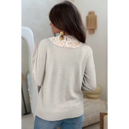 Light Grey Button Keyhole Lace Patchwork Drop Shoulder Sweater