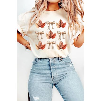 White Fall Leaf Bow Print Thanksgiving T Shirt