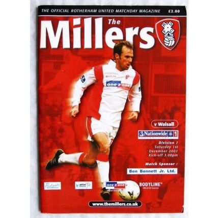 2001 programme Rotherham United v. Walsall, centrefold Ronnie Moore