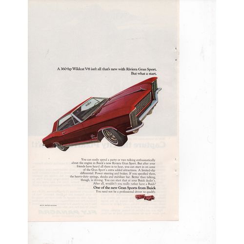 Buick Riviera Gran Sport Full Page Print Ad May 1965