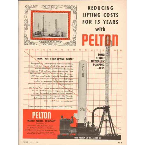 PELTON WATER WHEEL COMPANY 1955 reducing lifting costs pump vintage ad