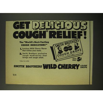 1950 Smith Brothers Cough Drops Ad - Get delicious cough relief