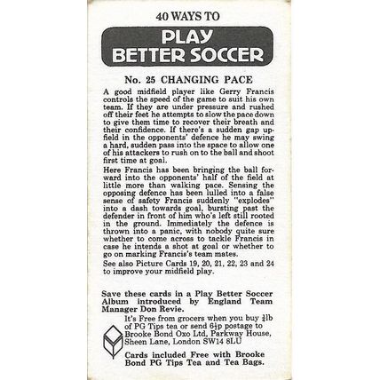 Play Better Soccer 1976 Brooke Bond Tea Card 25 - Changing Pace