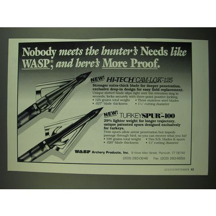 1994 Wasp Archery Advertisement - Hi-Tech Cam-Lok-125, Turkeyspur-100 Broadheads