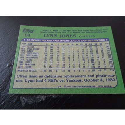 1982 Topps Card # 064A Lynn Jones Excellent-Mint (6) Detroit Tigers