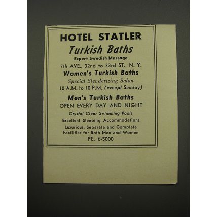 1951 Hotel Statler Ad - Turkish Baths