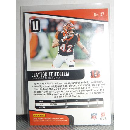 2019 Panini Unparalleled CLAYTON FEJEDELEM (Cincinnati Bengals) Rookie Card #37